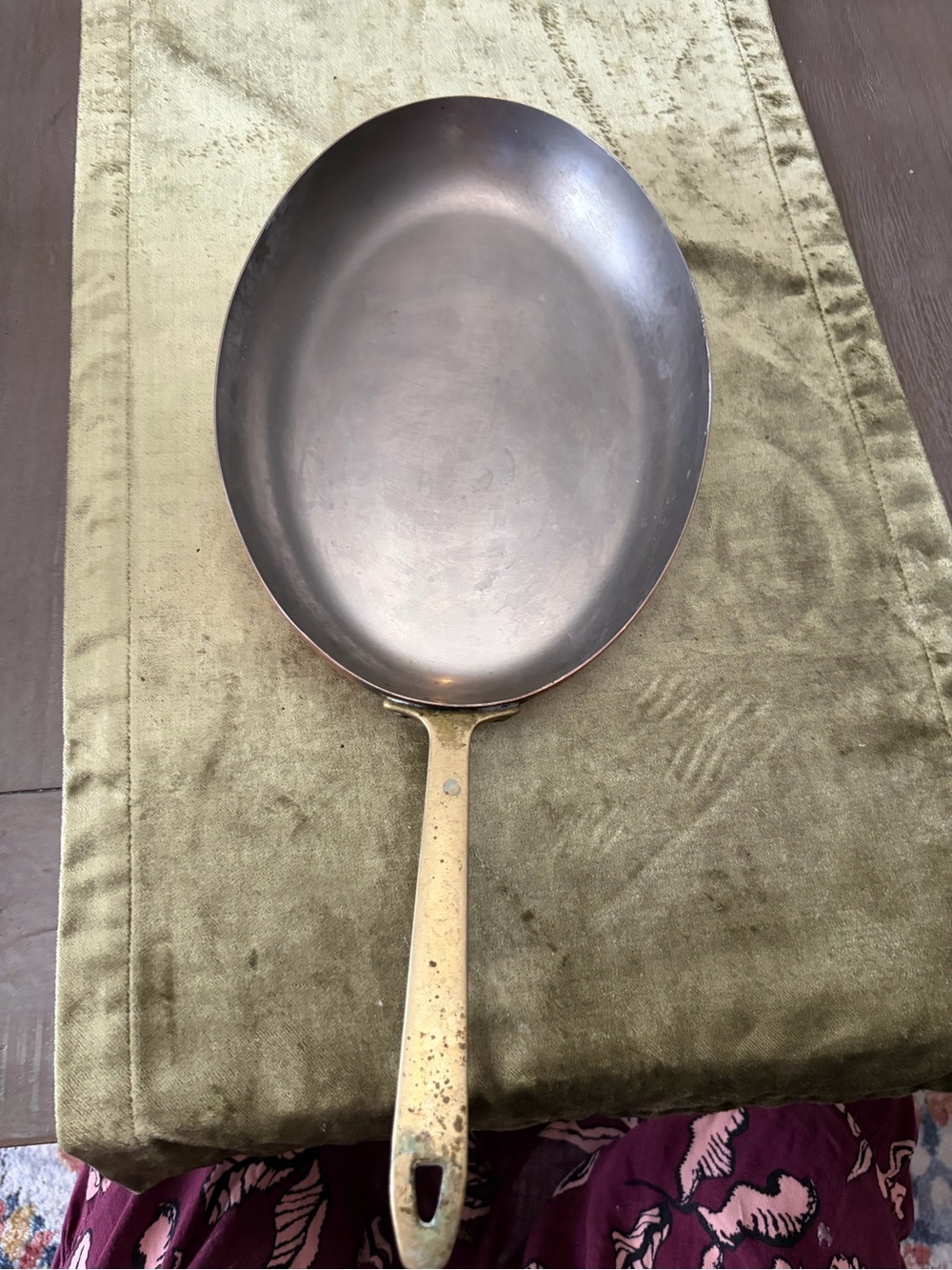 Vintage Paul Revere  Oval Skillet with Brass Handle - Dark Copper Interior